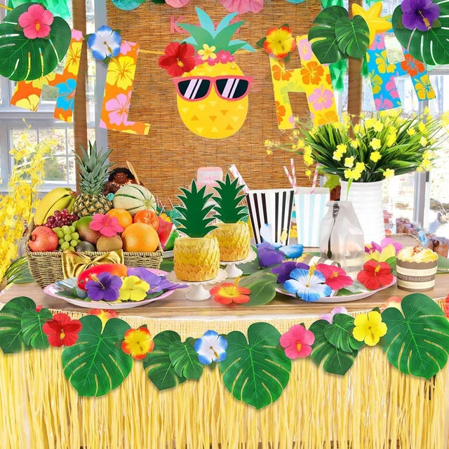 Alt view image 10 of 14 - 126Pcs Luau Party Decorations Supplies Tropical Palm Leaves Hibiscus Flowers Simulation Artificial Leaf for Hawaiian Luau Safari Parties Jungle Beach Theme BBQ Birthday Party Decorations Table Décor