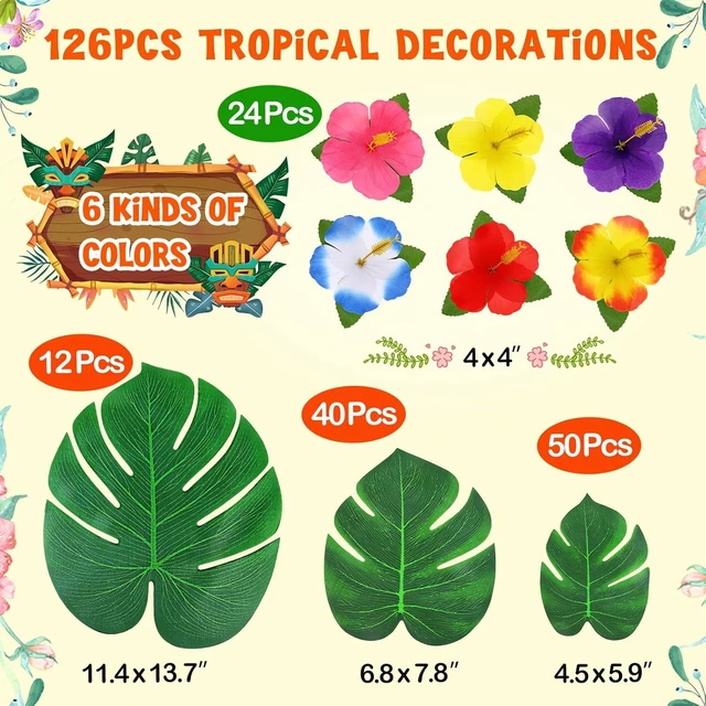 Alt view image 14 of 14 - 126Pcs Luau Party Decorations Supplies Tropical Palm Leaves Hibiscus Flowers Simulation Artificial Leaf for Hawaiian Luau Safari Parties Jungle Beach Theme BBQ Birthday Party Decorations Table Décor