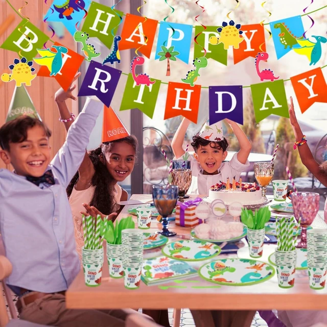 Alt view image 12 of 14 - Tessco 193 Pcs Dinosaur Birthday Party Supplies Includes Plates Cups Napkins Banner Knives Fork Spoon Tablecloth Cupcake Toppers Straw Swirls for Boys Dino Birthday Party Decoration, Serves 20 Guests