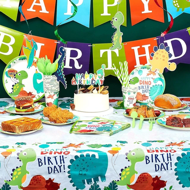 Alt view image 13 of 14 - Tessco 193 Pcs Dinosaur Birthday Party Supplies Includes Plates Cups Napkins Banner Knives Fork Spoon Tablecloth Cupcake Toppers Straw Swirls for Boys Dino Birthday Party Decoration, Serves 20 Guests