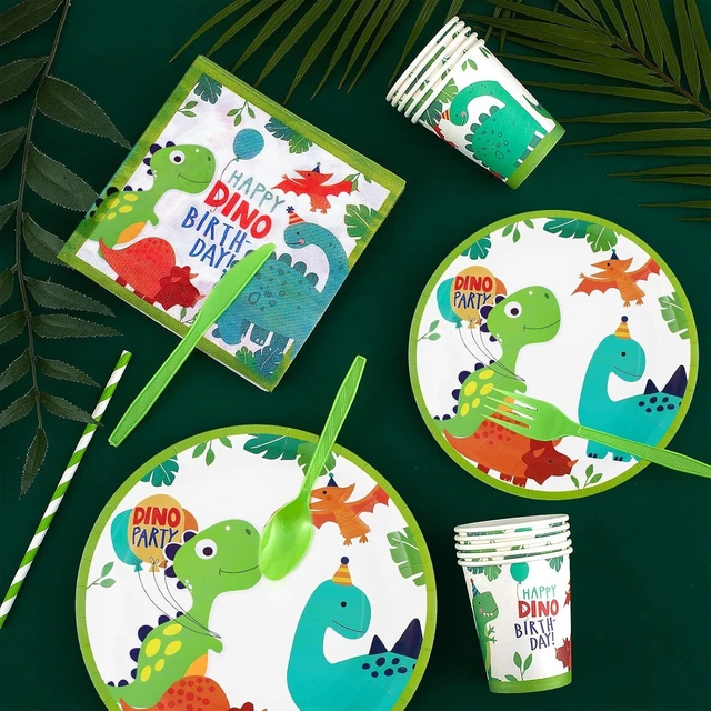 Alt view image 14 of 14 - Tessco 193 Pcs Dinosaur Birthday Party Supplies Includes Plates Cups Napkins Banner Knives Fork Spoon Tablecloth Cupcake Toppers Straw Swirls for Boys Dino Birthday Party Decoration, Serves 20 Guests
