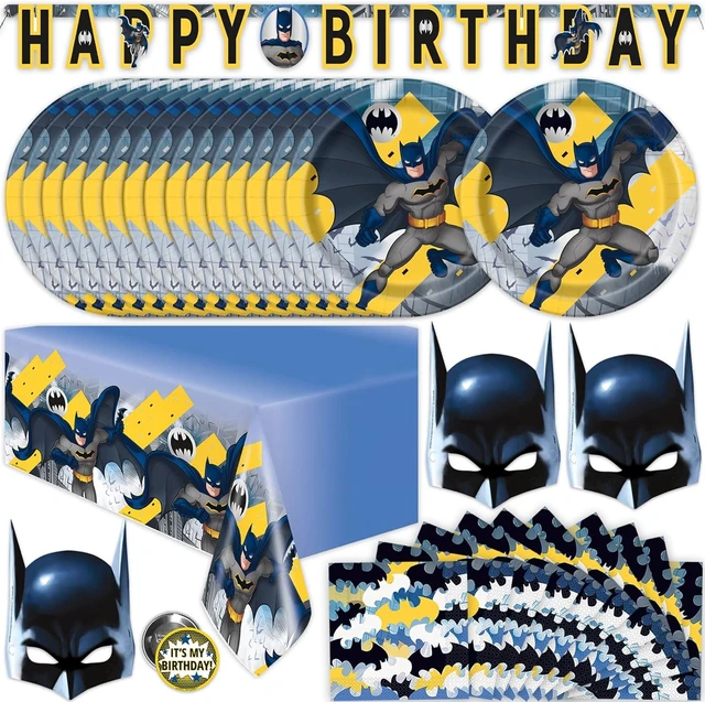 Alt view image 7 of 12 - Unique Batman Birthday Party Supplies | Batman Party Decorations | With Banner, Table Cover, Masks, Plates, Napkins, Button | For 16 Guests
