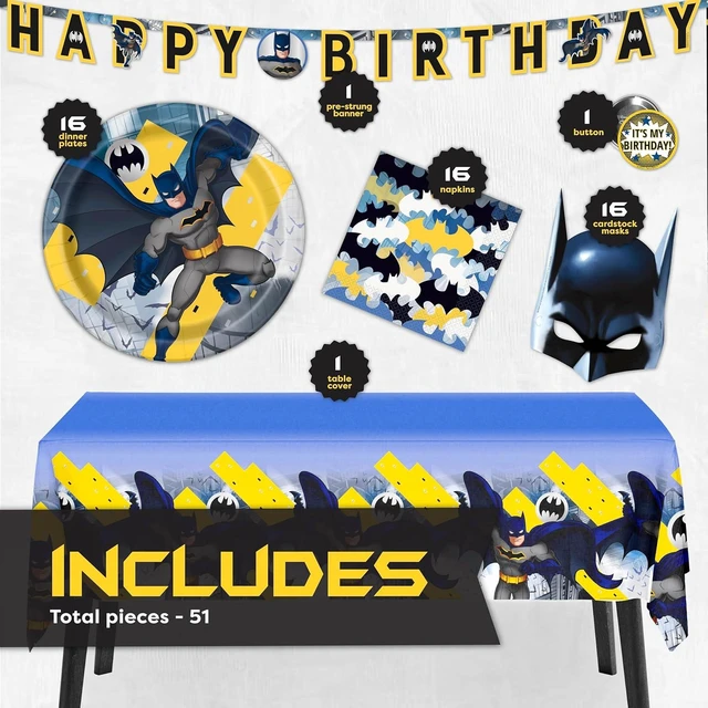 Alt view image 8 of 12 - Unique Batman Birthday Party Supplies | Batman Party Decorations | With Banner, Table Cover, Masks, Plates, Napkins, Button | For 16 Guests