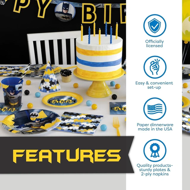 Alt view image 9 of 12 - Unique Batman Birthday Party Supplies | Batman Party Decorations | With Banner, Table Cover, Masks, Plates, Napkins, Button | For 16 Guests