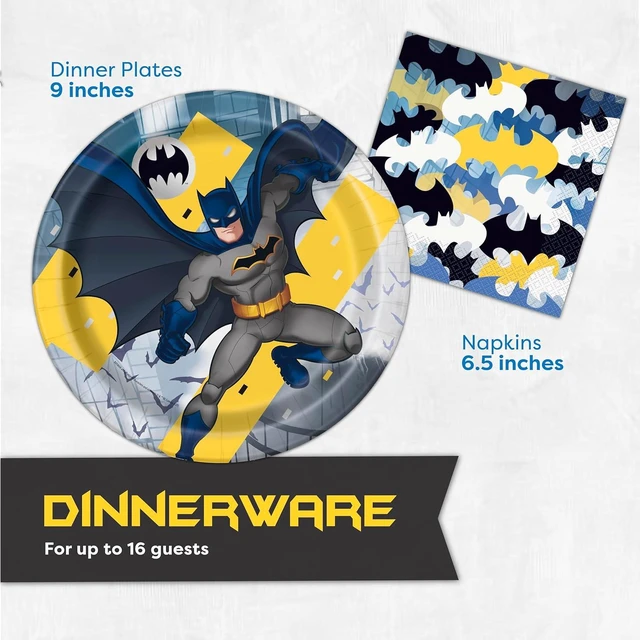 Alt view image 11 of 12 - Unique Batman Birthday Party Supplies | Batman Party Decorations | With Banner, Table Cover, Masks, Plates, Napkins, Button | For 16 Guests