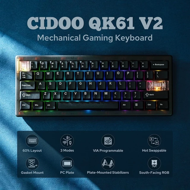 Alt view image 9 of 14 - MechLands CIDOO QK61 V2 VIA Programmable 60% Compact Keyboard, USB-C/BT5.0/2.4Ghz Wireless, Hot Swappable Custom Mechanical Keyboard with Gasket Mounted, PC Plate, 3000mAh Battery for Win/Mac (Black)