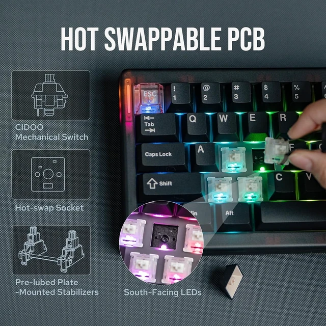 Alt view image 14 of 14 - MechLands CIDOO QK61 V2 VIA Programmable 60% Compact Keyboard, USB-C/BT5.0/2.4Ghz Wireless, Hot Swappable Custom Mechanical Keyboard with Gasket Mounted, PC Plate, 3000mAh Battery for Win/Mac (Black)