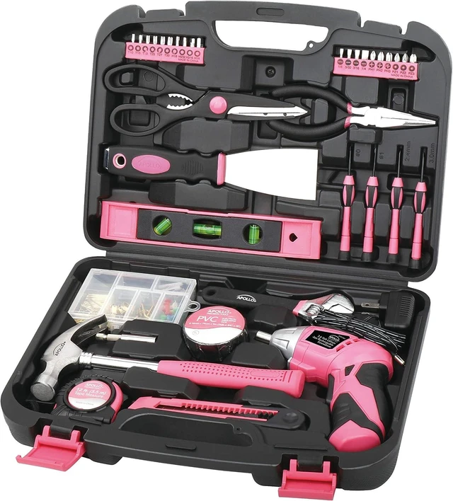 Alt view image 8 of 14 - Apollo Tools 135 Piece Household Pink Hand Tools Set with Pivoting Dual-Angle 3.6 V Lithium-Ion Cordless Screwdriver - DT0773N1