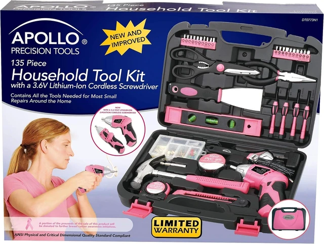 Alt view image 11 of 14 - Apollo Tools 135 Piece Household Pink Hand Tools Set with Pivoting Dual-Angle 3.6 V Lithium-Ion Cordless Screwdriver - DT0773N1