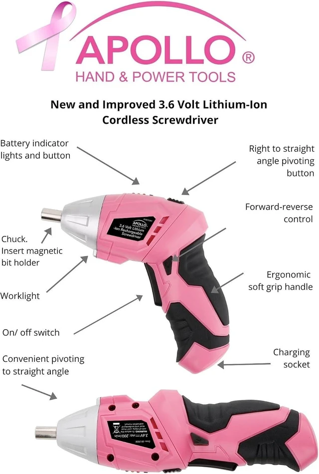 Alt view image 12 of 14 - Apollo Tools 135 Piece Household Pink Hand Tools Set with Pivoting Dual-Angle 3.6 V Lithium-Ion Cordless Screwdriver - DT0773N1