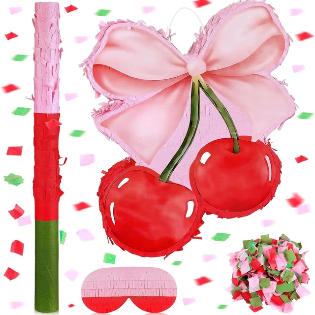 Alt view image 7 of 12 - Feifeiya Coquette Pink Bow Cherry Piñata Pink Girls Party Piñata Bundle with a Blindfold, Bat and Confetti Birthday Coquette Party Supplies