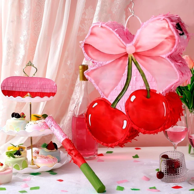 Alt view image 8 of 12 - Feifeiya Coquette Pink Bow Cherry Piñata Pink Girls Party Piñata Bundle with a Blindfold, Bat and Confetti Birthday Coquette Party Supplies