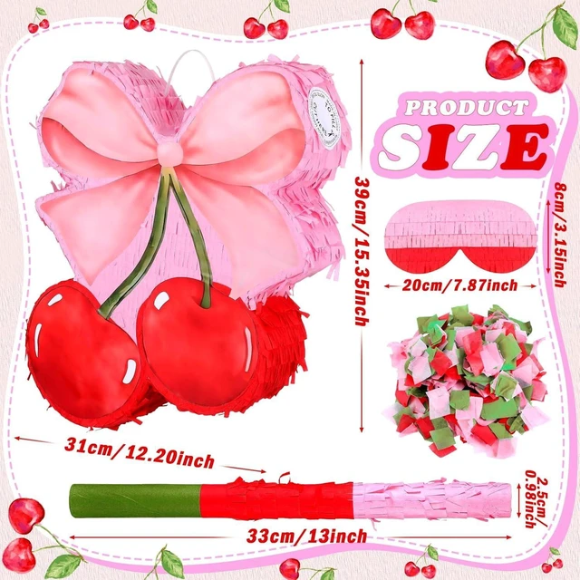 Alt view image 10 of 12 - Feifeiya Coquette Pink Bow Cherry Piñata Pink Girls Party Piñata Bundle with a Blindfold, Bat and Confetti Birthday Coquette Party Supplies