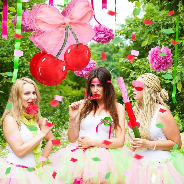 Alt view image 11 of 12 - Feifeiya Coquette Pink Bow Cherry Piñata Pink Girls Party Piñata Bundle with a Blindfold, Bat and Confetti Birthday Coquette Party Supplies