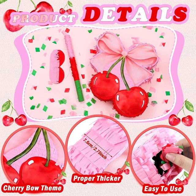 Alt view image 9 of 12 - Feifeiya Coquette Pink Bow Cherry Piñata Pink Girls Party Piñata Bundle with a Blindfold, Bat and Confetti Birthday Coquette Party Supplies