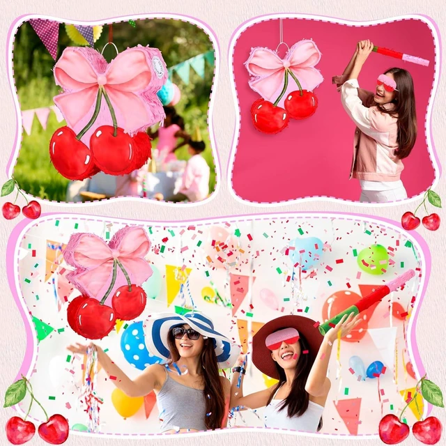 Alt view image 12 of 12 - Feifeiya Coquette Pink Bow Cherry Piñata Pink Girls Party Piñata Bundle with a Blindfold, Bat and Confetti Birthday Coquette Party Supplies