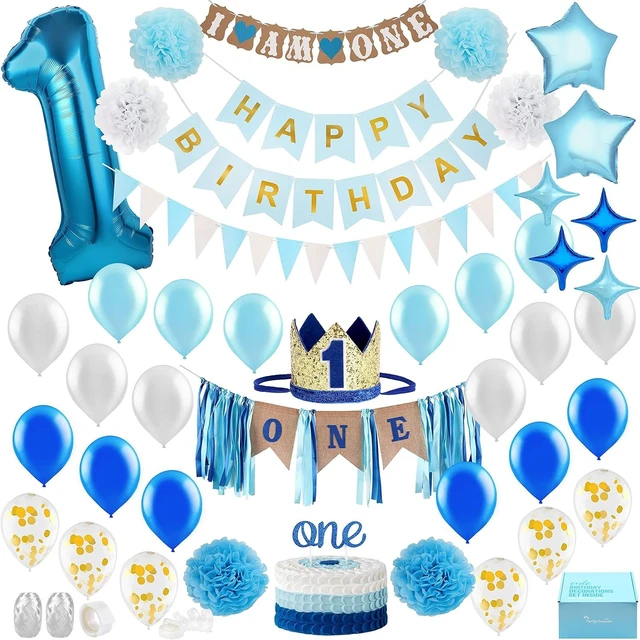 Alt view image 7 of 12 - Baby Boy 1st Birthday Decorations With Birthday Crown - First Birthday Boy Decorations - Cake Smash Party Supplies - Happy Birthday and HighChair One Burlap Banner, Number One Balloon, Cake Topper.