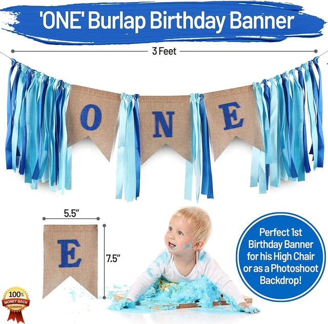 Alt view image 9 of 12 - Baby Boy 1st Birthday Decorations With Birthday Crown - First Birthday Boy Decorations - Cake Smash Party Supplies - Happy Birthday and HighChair One Burlap Banner, Number One Balloon, Cake Topper.