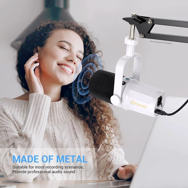 Alt view image 11 of 12 - FDUCE SL40 Dynamic Microphone for Podcasting, Gaming, Live Streaming and Recording, Built-in Headphone Output, LED Mute Button, All-Metal USB/XLR, Voice Isolation Technology (White)