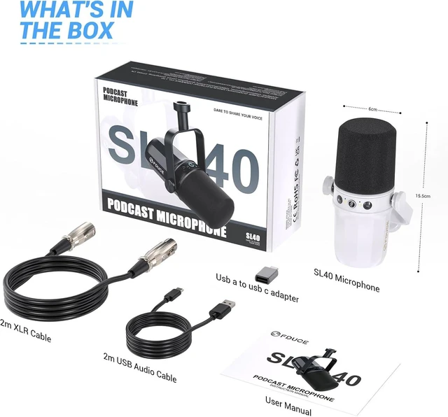 Alt view image 12 of 12 - FDUCE SL40 Dynamic Microphone for Podcasting, Gaming, Live Streaming and Recording, Built-in Headphone Output, LED Mute Button, All-Metal USB/XLR, Voice Isolation Technology (White)