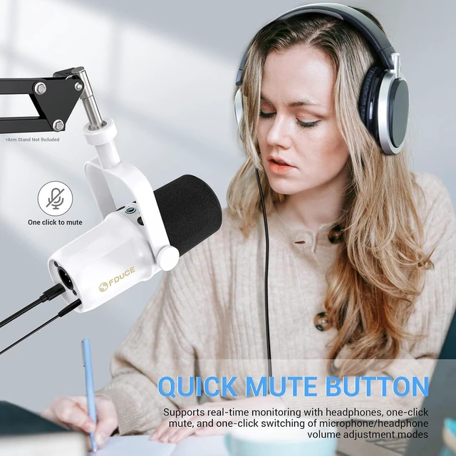 Alt view image 8 of 12 - FDUCE SL40 Dynamic Microphone for Podcasting, Gaming, Live Streaming and Recording, Built-in Headphone Output, LED Mute Button, All-Metal USB/XLR, Voice Isolation Technology (White)
