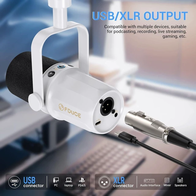 Alt view image 9 of 12 - FDUCE SL40 Dynamic Microphone for Podcasting, Gaming, Live Streaming and Recording, Built-in Headphone Output, LED Mute Button, All-Metal USB/XLR, Voice Isolation Technology (White)