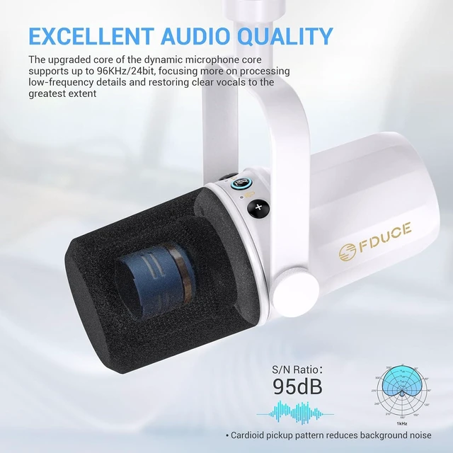 Alt view image 10 of 12 - FDUCE SL40 Dynamic Microphone for Podcasting, Gaming, Live Streaming and Recording, Built-in Headphone Output, LED Mute Button, All-Metal USB/XLR, Voice Isolation Technology (White)