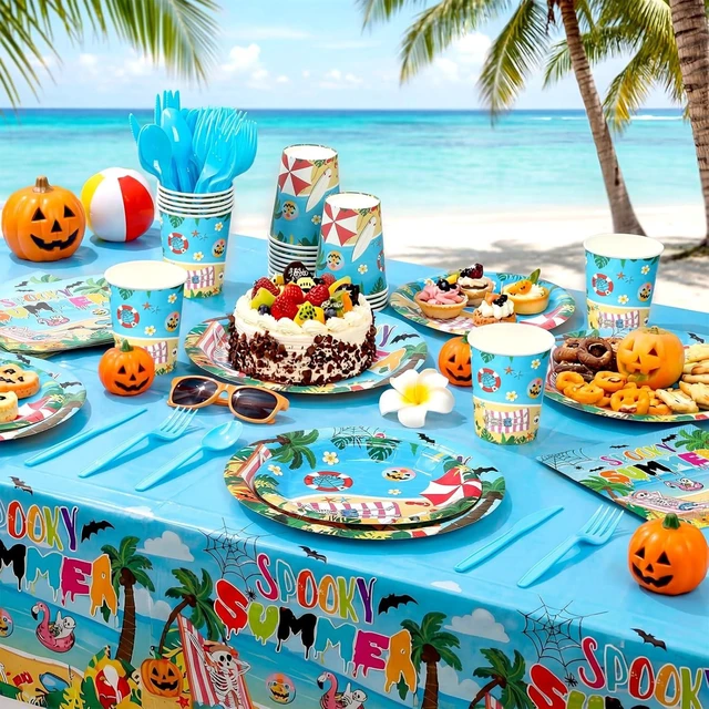 Alt view image 9 of 14 - Zhehao 168 Pcs Summer Halloween Party Decorations Summer Halloween Party Plates Napkins Cups Knives Forks Spoons Spooky Hawaiian Skeleton Tableware Set for Beach Pool Tropical Birthday Serve 24
