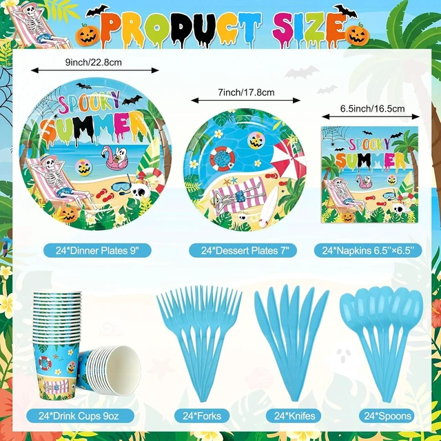 Alt view image 10 of 14 - Zhehao 168 Pcs Summer Halloween Party Decorations Summer Halloween Party Plates Napkins Cups Knives Forks Spoons Spooky Hawaiian Skeleton Tableware Set for Beach Pool Tropical Birthday Serve 24