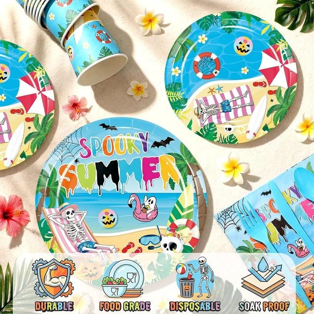 Alt view image 12 of 14 - Zhehao 168 Pcs Summer Halloween Party Decorations Summer Halloween Party Plates Napkins Cups Knives Forks Spoons Spooky Hawaiian Skeleton Tableware Set for Beach Pool Tropical Birthday Serve 24
