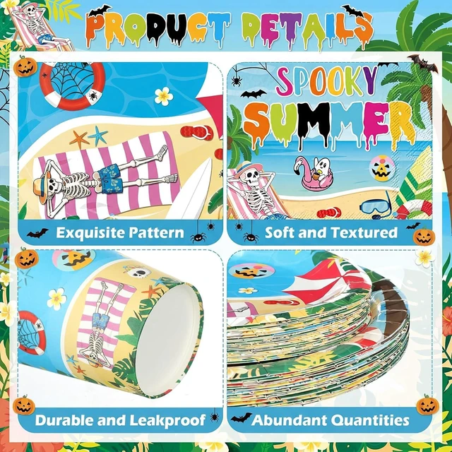 Alt view image 11 of 14 - Zhehao 168 Pcs Summer Halloween Party Decorations Summer Halloween Party Plates Napkins Cups Knives Forks Spoons Spooky Hawaiian Skeleton Tableware Set for Beach Pool Tropical Birthday Serve 24