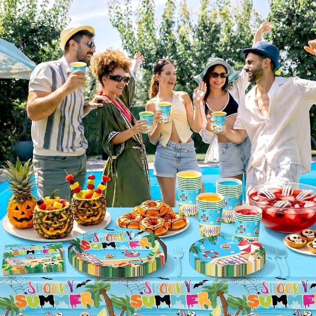 Alt view image 13 of 14 - Zhehao 168 Pcs Summer Halloween Party Decorations Summer Halloween Party Plates Napkins Cups Knives Forks Spoons Spooky Hawaiian Skeleton Tableware Set for Beach Pool Tropical Birthday Serve 24
