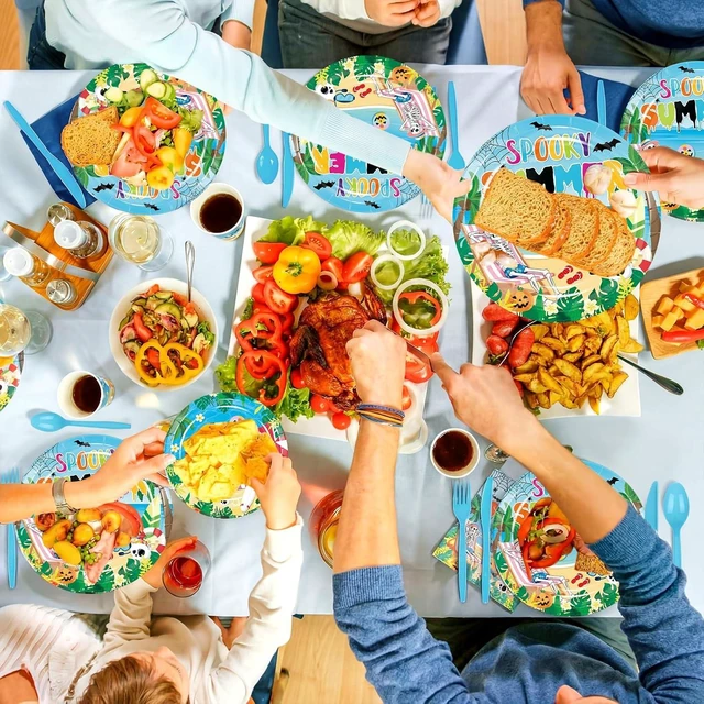 Alt view image 14 of 14 - Zhehao 168 Pcs Summer Halloween Party Decorations Summer Halloween Party Plates Napkins Cups Knives Forks Spoons Spooky Hawaiian Skeleton Tableware Set for Beach Pool Tropical Birthday Serve 24