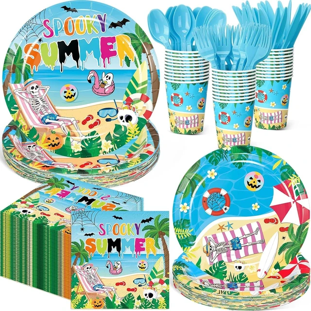 Alt view image 8 of 14 - Zhehao 168 Pcs Summer Halloween Party Decorations Summer Halloween Party Plates Napkins Cups Knives Forks Spoons Spooky Hawaiian Skeleton Tableware Set for Beach Pool Tropical Birthday Serve 24