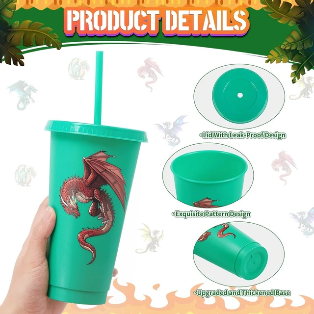 Alt view image 9 of 14 - 15 Pcs Dragon Party Favor Western Party Cups with Lid Straw 24 oz Plastic Drink Cups Reusable Bulk Tumblers for Fantasy Dragon Theme Party Supplies Birthday Party Gifts
