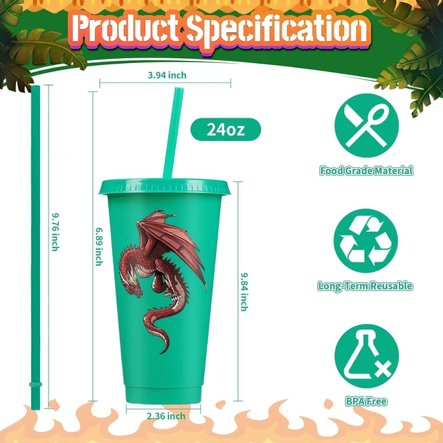 Alt view image 10 of 14 - 15 Pcs Dragon Party Favor Western Party Cups with Lid Straw 24 oz Plastic Drink Cups Reusable Bulk Tumblers for Fantasy Dragon Theme Party Supplies Birthday Party Gifts