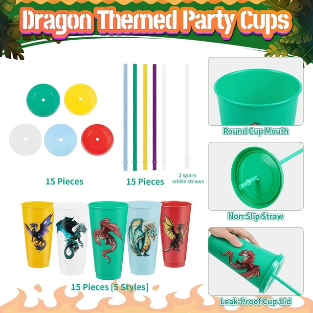 Alt view image 11 of 14 - 15 Pcs Dragon Party Favor Western Party Cups with Lid Straw 24 oz Plastic Drink Cups Reusable Bulk Tumblers for Fantasy Dragon Theme Party Supplies Birthday Party Gifts