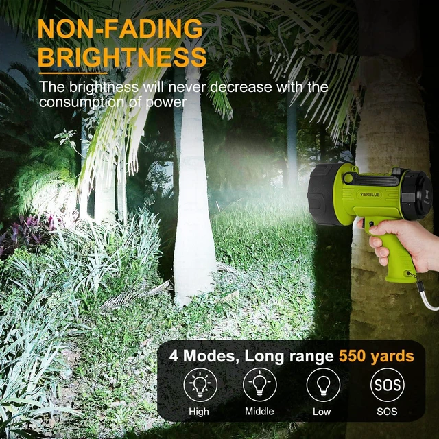 Alt view image 9 of 14 - YIERBLUE Rechargeable Spotlight Flashlight with 2000,000 High Lumen LED, IP67 Waterproof Long Running Spot Light searchlight, Impact Resistant Handheld Spotlight with Foldable Stand and Red Lens