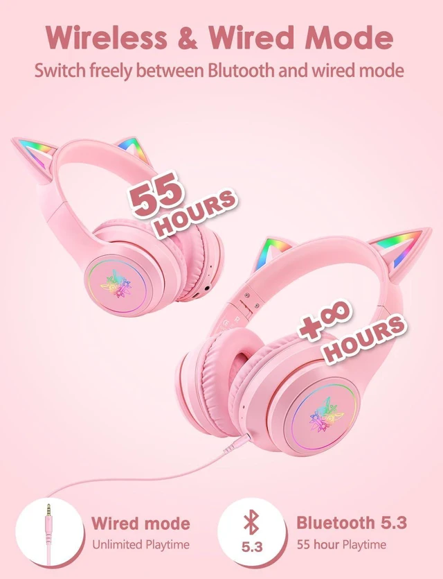 Alt view image 10 of 14 - Cat Ear Bluetooth Headphones with Micphone for Kids & Adults, LED Light Up Wireless HI-FI Sound Quality, Over-Ear Headphones with Volume Control for iPhone/iPad/Laptop/PC(55H Play Time)