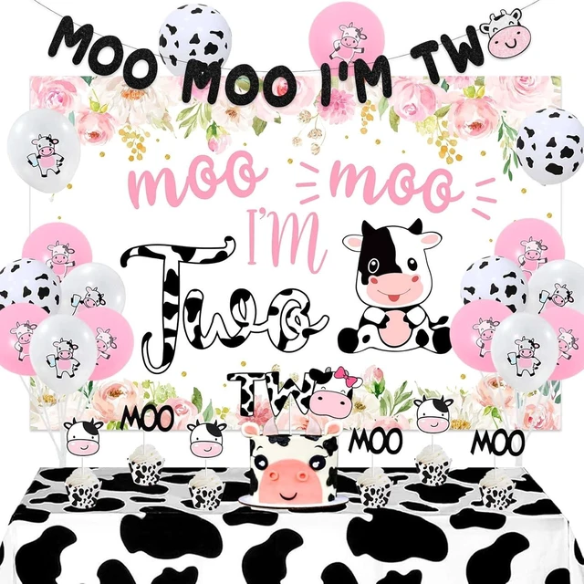 Alt view image 6 of 10 - Sursurprise Cow 2nd Birthday Decorations for Girl, Moo Moo Im Two Backdrop Banner Cake Topper Cow Print Balloons Tablecloth Pink Farm Animal Barnyard Second Birthday Party Supplies