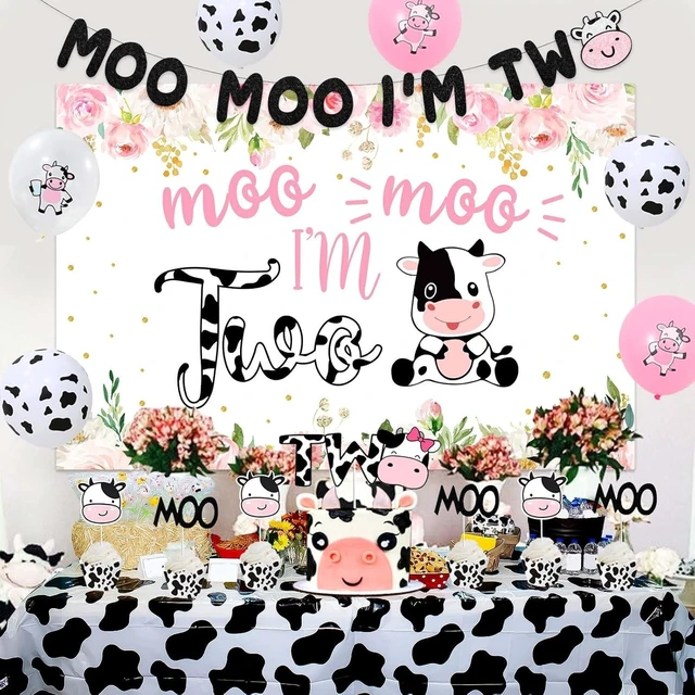 Alt view image 7 of 10 - Sursurprise Cow 2nd Birthday Decorations for Girl, Moo Moo Im Two Backdrop Banner Cake Topper Cow Print Balloons Tablecloth Pink Farm Animal Barnyard Second Birthday Party Supplies
