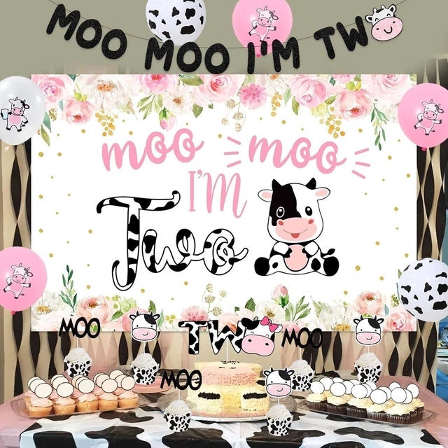 Alt view image 8 of 10 - Sursurprise Cow 2nd Birthday Decorations for Girl, Moo Moo Im Two Backdrop Banner Cake Topper Cow Print Balloons Tablecloth Pink Farm Animal Barnyard Second Birthday Party Supplies