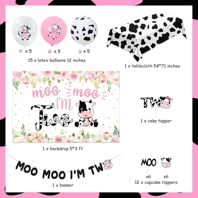 Alt view image 10 of 10 - Sursurprise Cow 2nd Birthday Decorations for Girl, Moo Moo Im Two Backdrop Banner Cake Topper Cow Print Balloons Tablecloth Pink Farm Animal Barnyard Second Birthday Party Supplies