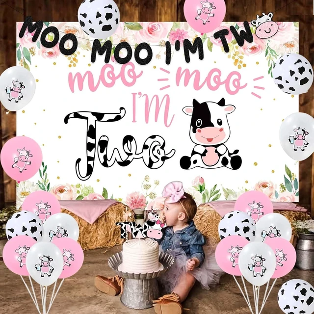 Alt view image 9 of 10 - Sursurprise Cow 2nd Birthday Decorations for Girl, Moo Moo Im Two Backdrop Banner Cake Topper Cow Print Balloons Tablecloth Pink Farm Animal Barnyard Second Birthday Party Supplies
