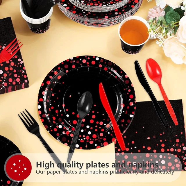 Alt view image 10 of 14 - Grencian 168Pcs Black and Red Party Decorations Graduation Red Dot on Black Plates Napkins Cups Forks Knives Spoons Disposable Stranger Tableware Set for Congrats Grad Birthday Party Supply Serves 24
