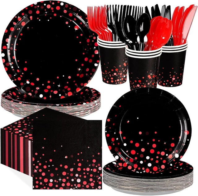Alt view image 8 of 14 - Grencian 168Pcs Black and Red Party Decorations Graduation Red Dot on Black Plates Napkins Cups Forks Knives Spoons Disposable Stranger Tableware Set for Congrats Grad Birthday Party Supply Serves 24