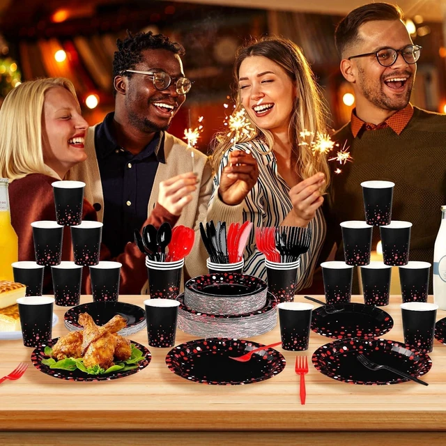 Alt view image 12 of 14 - Grencian 168Pcs Black and Red Party Decorations Graduation Red Dot on Black Plates Napkins Cups Forks Knives Spoons Disposable Stranger Tableware Set for Congrats Grad Birthday Party Supply Serves 24