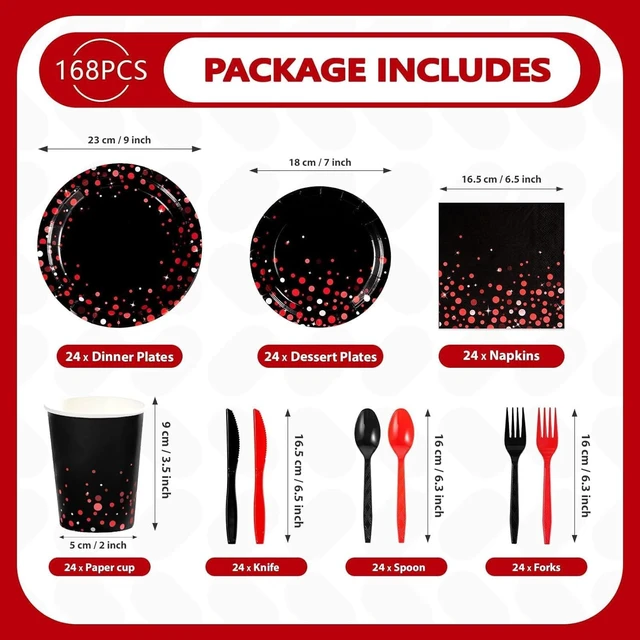 Alt view image 9 of 14 - Grencian 168Pcs Black and Red Party Decorations Graduation Red Dot on Black Plates Napkins Cups Forks Knives Spoons Disposable Stranger Tableware Set for Congrats Grad Birthday Party Supply Serves 24