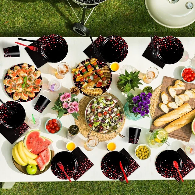 Alt view image 11 of 14 - Grencian 168Pcs Black and Red Party Decorations Graduation Red Dot on Black Plates Napkins Cups Forks Knives Spoons Disposable Stranger Tableware Set for Congrats Grad Birthday Party Supply Serves 24