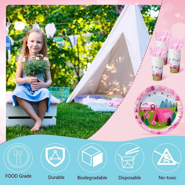 Alt view image 10 of 14 - Zubebe 120 Pcs Pink Camping Party Supplies for 24 Guests: 48 Plates, 24 Cups, 24 Napkins, 24 Forks - Camping Theme, Disposable, Lightweight